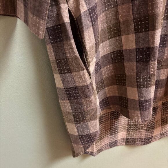 Language of the Birds Women Linen Top Size S Brown Plaid Stitched Lagenlook Boho - Picture 9 of 12